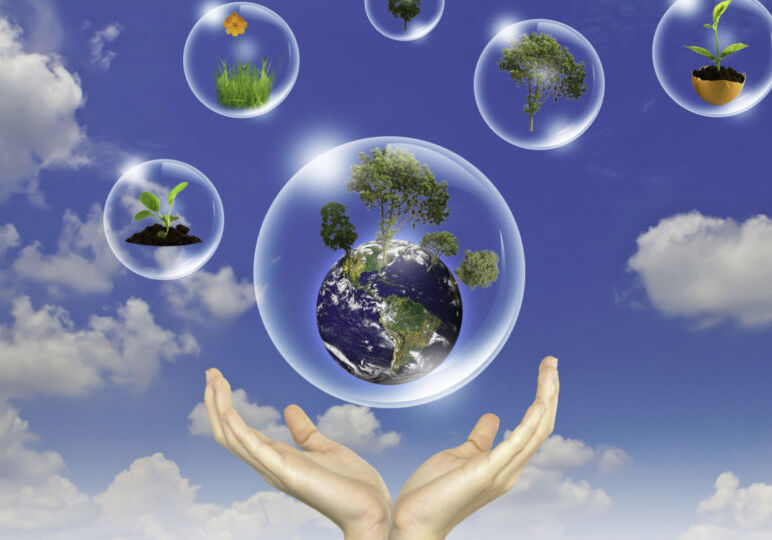 Eco concept : Hand hold earth ,tree and flower in bubbles agains